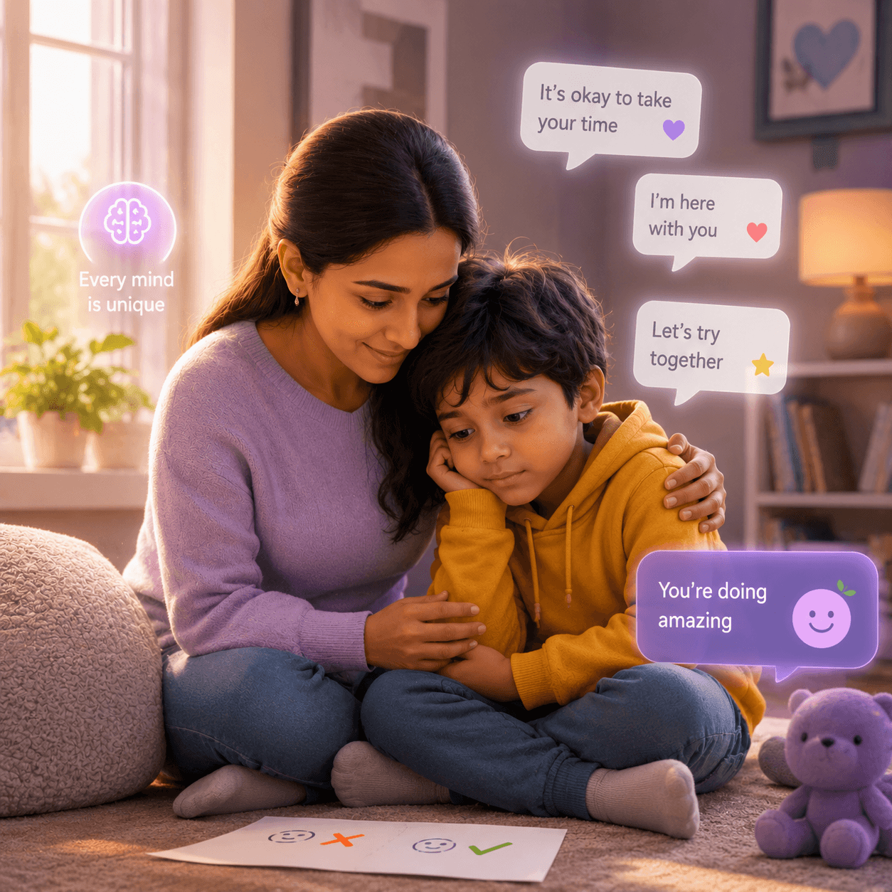 A caring parent gently supports their neurodivergent child