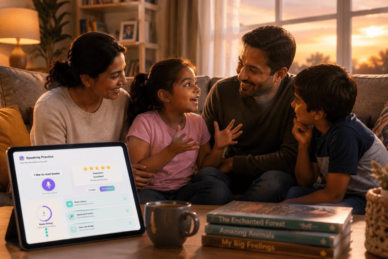 A child confidently communicating with family after speech development